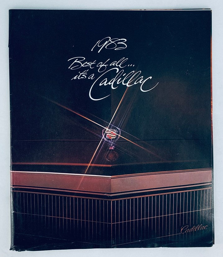 1983 Cadillac Full Lineup Dealer Showroom Sales Brochure Cover featuring a Cadillac emblem and elegant design, highlighting its luxury and sophistication.