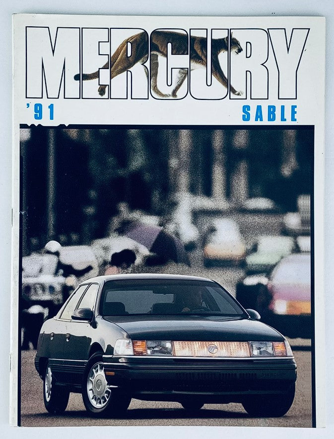1991 Mercury Sable Dealer Showroom Sales Brochure showcasing a black 1991 Mercury Sable car with a blurred urban background, highlighting the vehicle's design and promotional appeal.