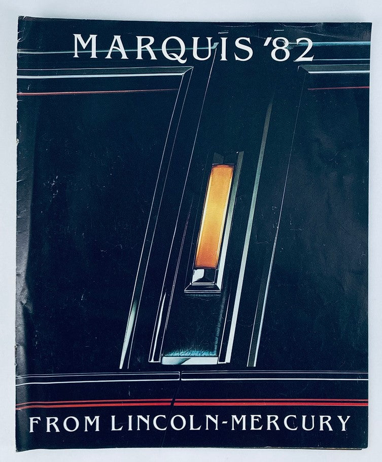 1982 Mercury Marquis Lineup Dealer Showroom Sales Brochure featuring a close-up of the front cover design with sleek lines and elegant typography from Lincoln-Mercury.