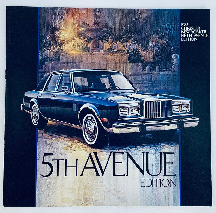 1983 Chrysler 5th Avenue Edition Dealer Showroom Sales Brochure featuring an elegant blue Chrysler car parked in a scenic location, showcasing luxury and style.