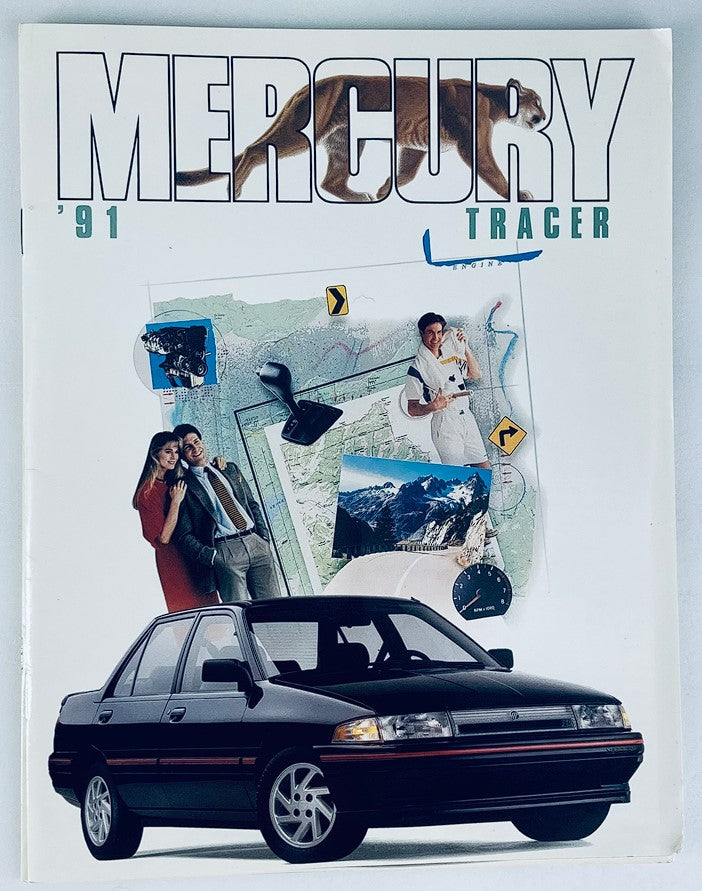 Cover of the 1992 Mercury Tracer Dealer Showroom Sales Brochure Guide Catalog featuring a black Mercury Tracer car, two people posing, a map, and various travel-related images that reflect early 90s design aesthetics.