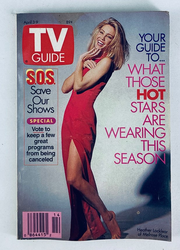 Cover of TV Guide Magazine dated April 3-9, 1993 featuring Heather Locklear, highlighting fashion trends for television stars, with a vibrant red dress and playful pose.