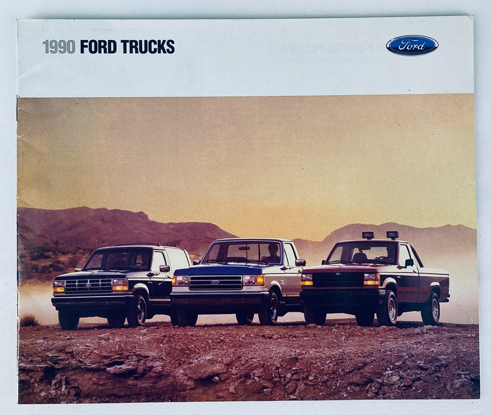 1990 Ford Trucks Lineup Dealer Showroom Sales Brochure featuring three models of Ford trucks against a scenic background.