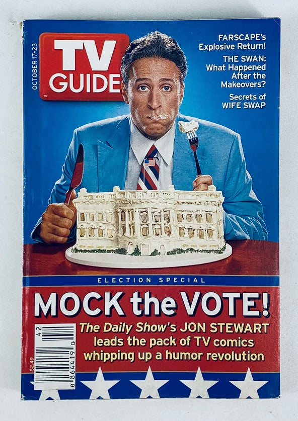 TV Guide Magazine October 17 2004 featuring Jon Stewart on the cover, showcasing a political satire theme with a cake replica of the White House, highlighting 'Mock the Vote!' and connecting to early 2000s television culture.