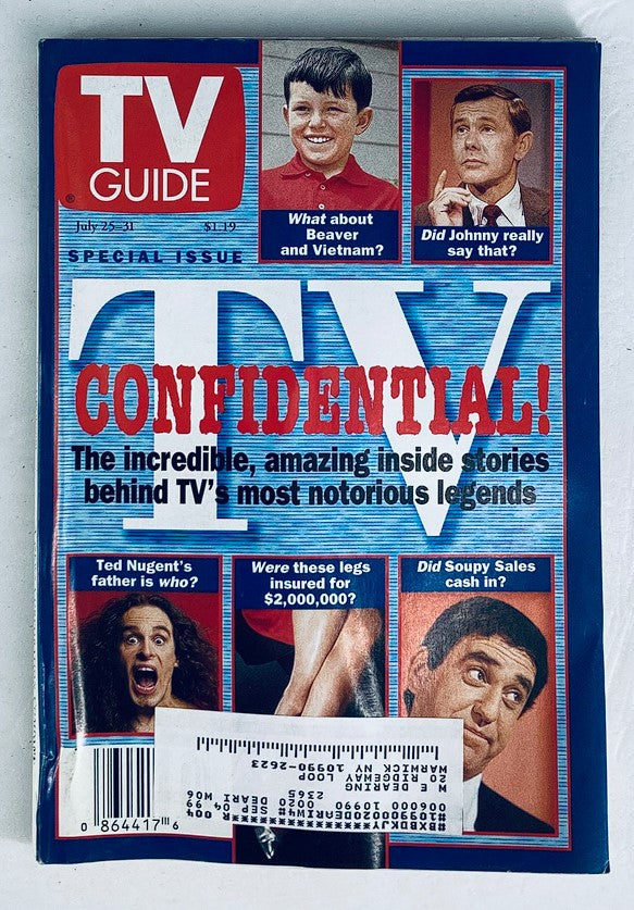 TV Guide Magazine cover from July 25, 1998 featuring Ted Nugent. The cover highlights articles with bold elements such as 'TV CONFIDENTIAL!' and intriguing questions regarding television legends. Perfect for collectors and fans of vintage TV memorabilia.
