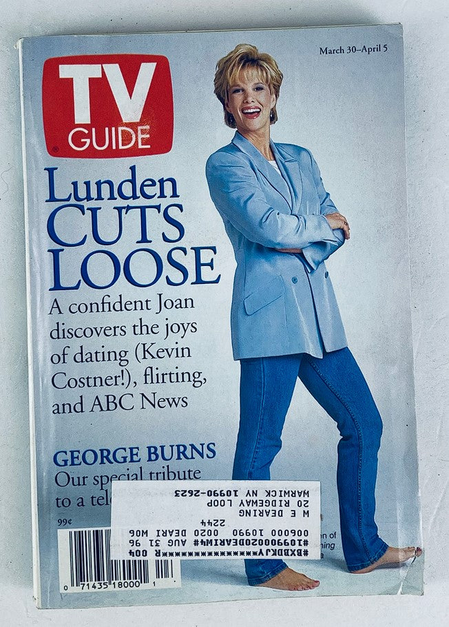 Cover of TV Guide Magazine March 30, 1996, featuring Joan Lunden, a confident television personality, with the headline 'Lunden CUTS LOOSE' and details about her experiences in dating and ABC News.