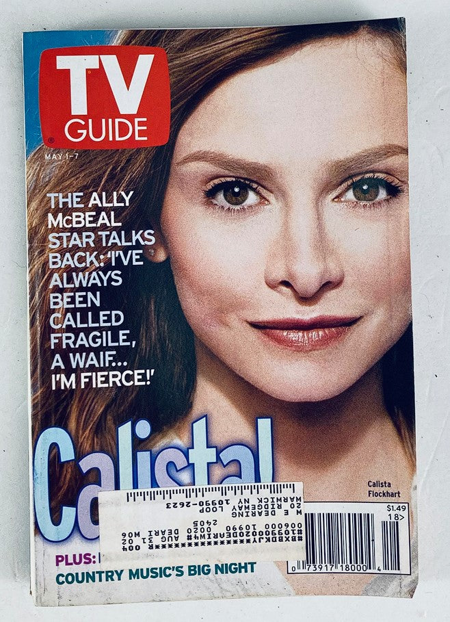 TV Guide Magazine cover from May 1, 1999 featuring Calista Flockhart, star of Ally McBeal, showcasing her captivating expression and headlines discussing her experiences and perceptions of her role.