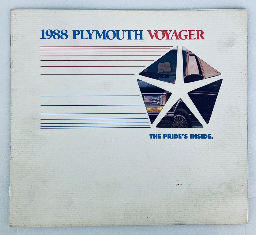 Cover of the 1988 Plymouth Voyager Dealer Showroom Sales Brochure Guide Catalog featuring the vehicle and the slogan 'THE PRIDE'S INSIDE.'