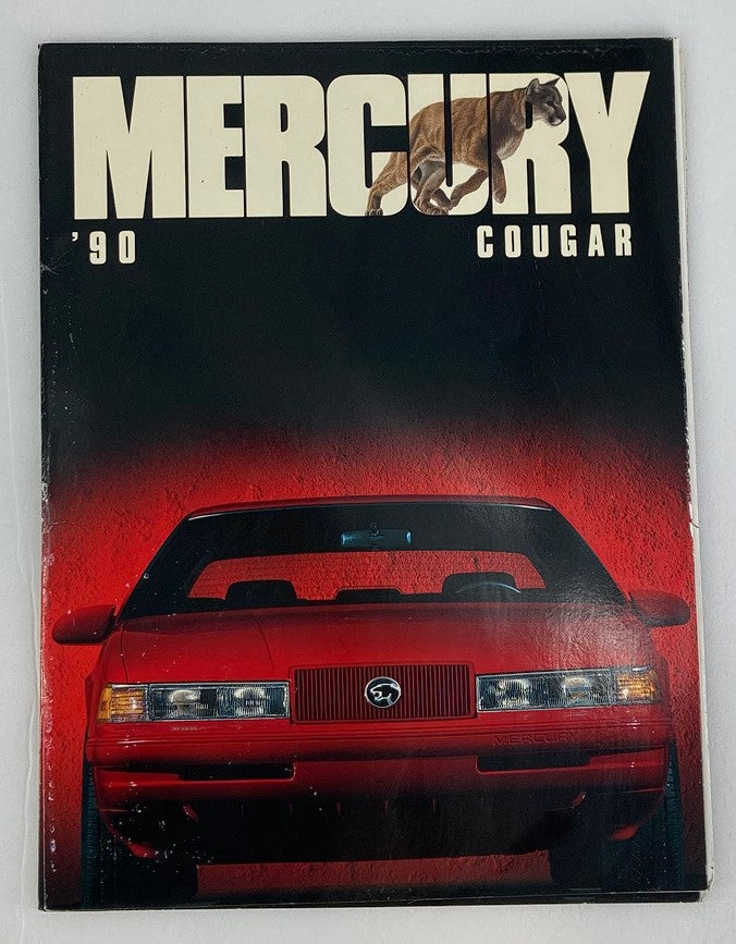 Cover of the 1990 Mercury Cougar Dealer Showroom Sales Brochure Guide Catalog showcasing a red Mercury Cougar with a striking black background and the word 'MERCURY' prominently displayed.