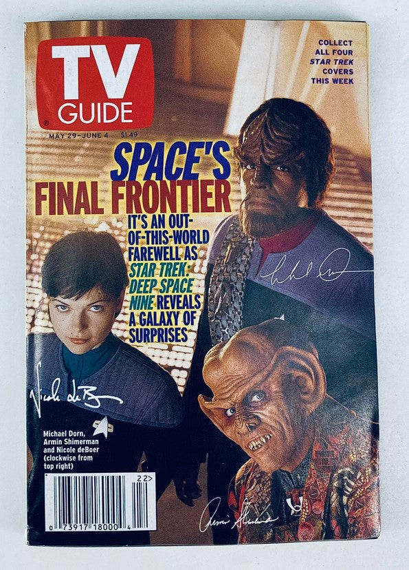 Cover of TV Guide Magazine dated May 29, 1999, featuring Michael Dorn, Nicole deBoer, and Armin Shimmerman with headlines about Star Trek and Deep Space Nine.