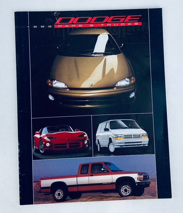 1993 Dodge Cars & Trucks Dealer Showroom Sales Brochure featuring a collection of Dodge vehicles including a gold coupe, red sports car, white van, and a red and white pickup truck on the cover, showcasing the diverse lineup available in 1993.