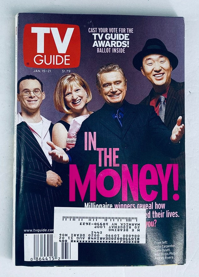 TV Guide Magazine January 15 2000 featuring John Carpenter and Jane Oviatt on the cover, with vibrant colors and bold text reading 'In the Money!' showcasing notable television personalities.
