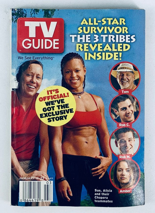 TV Guide Magazine January 17 2004 cover featuring Sue, Alicia, and Chapera with the headline 'All-Star Survivor: The 3 Tribes Revealed Inside!' showcasing prominent characters Tom, Rob C., Rob M., and Amber.