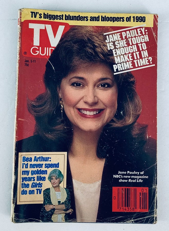 Cover of TV Guide Magazine January 5, 1991 featuring Jane Pauley, highlighting her article 'Is She Tough Enough to Make It in Prime Time?' and showcasing TV's biggest blunders and bloopers of 1990.