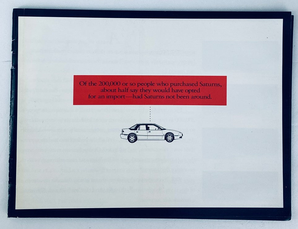 Page from the 1993 Saturn Full Lineup Dealer Showroom Sales Brochure featuring a statement about customer preferences and car purchase options. Illustrates a graphic of a Saturn vehicle alongside important statistics.