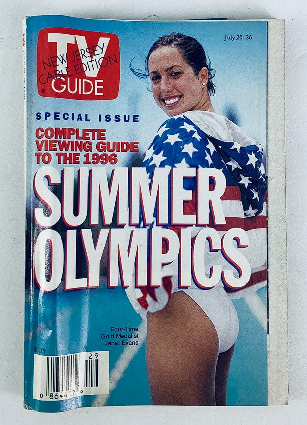 TV Guide Magazine July 20 1996 featuring Gold Medalist Janet Evans on the cover. This special issue serves as a complete viewing guide to the 1996 Summer Olympics, showcasing the vibrant spirit of the event and highlighting notable athletic achievements.