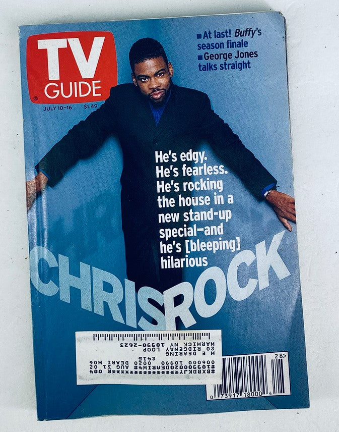Cover of TV Guide Magazine from July 10, 1999 featuring Chris Rock and George Jones. The magazine highlights Chris Rock's stand-up special, with a bold headline stating 'He's edgy. He's fearless. He's [bleeping] hilarious.' The issue reflects the late 90s television culture.