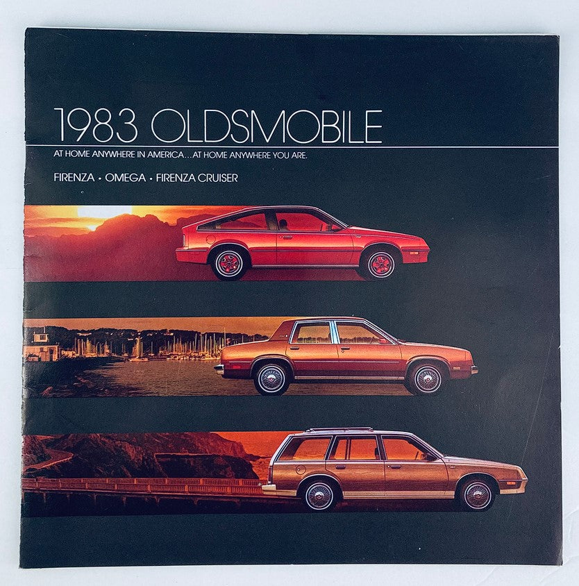 Cover of the 1983 Oldsmobile Firenza, Omega Dealer Showroom Sales Brochure Guide Catalog featuring the Firenza, Omega, and Firenza Cruiser models against a scenic background.