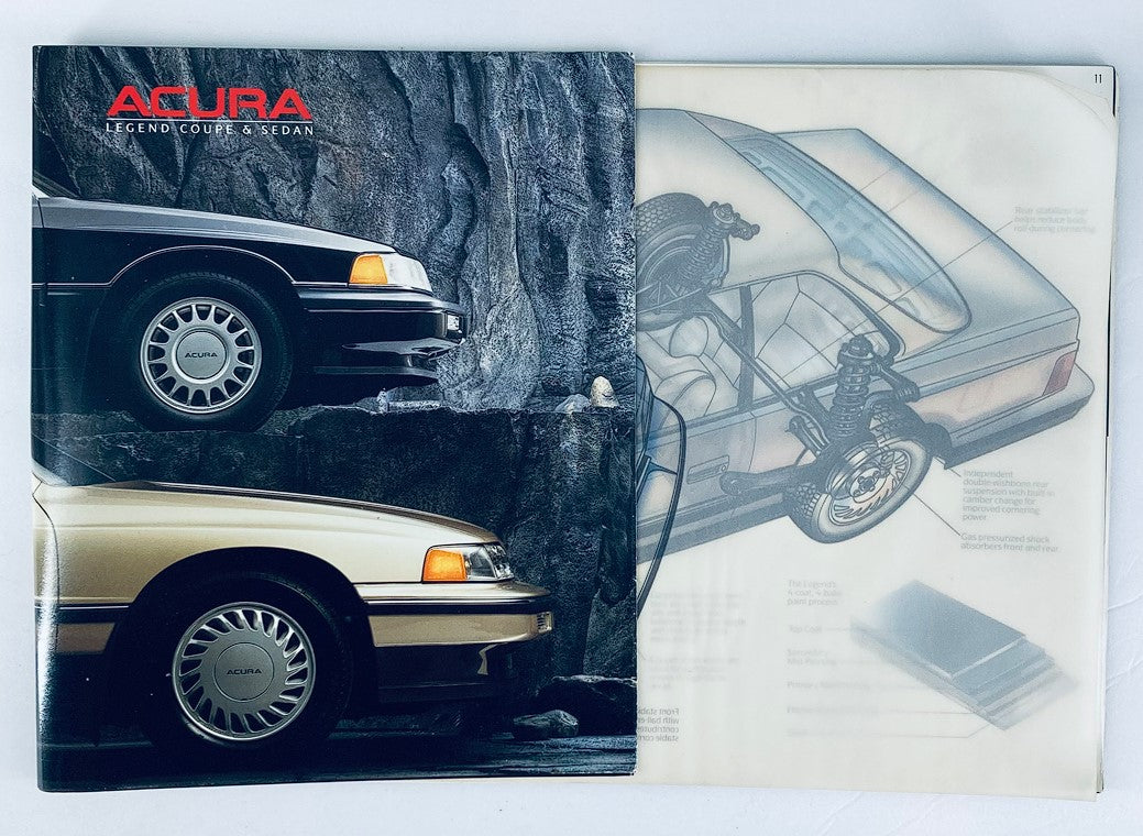 1988 Acura Legend Dealer Showroom Sales Brochure showcasing a side view of a black and gold Acura Legend Coupe and Sedan against a textured rocky background, highlighting the vehicle's elegant design.