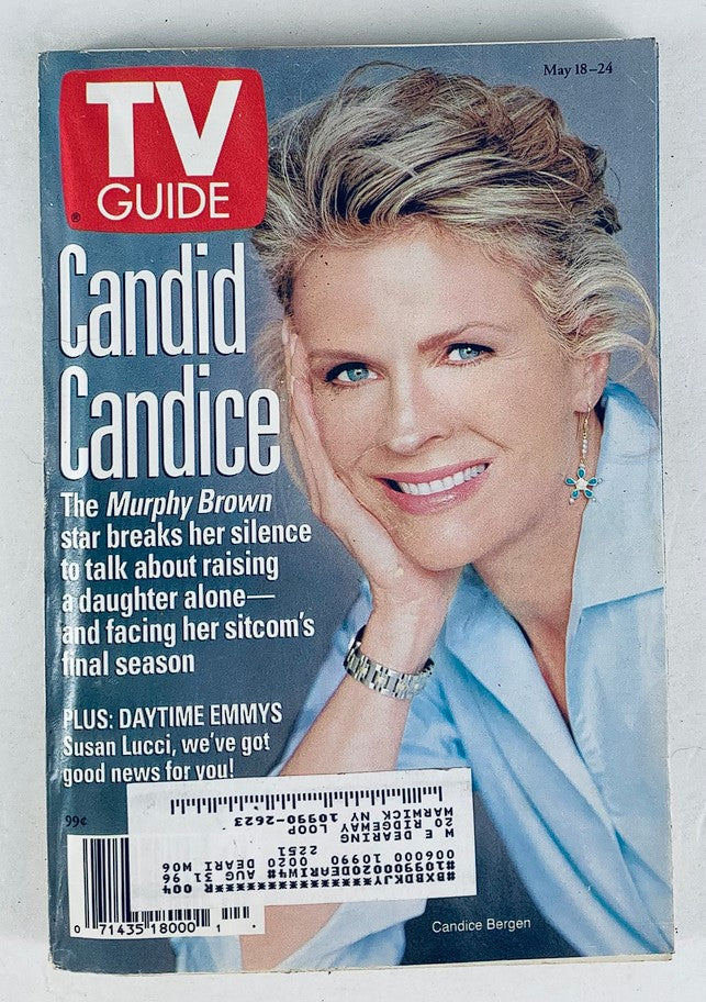TV Guide Magazine May 18 1996 featuring Candice Bergen on the cover, depicting her radiant smile and stylish look, highlighting her role in Murphy Brown and the cultural significance of 90s television.