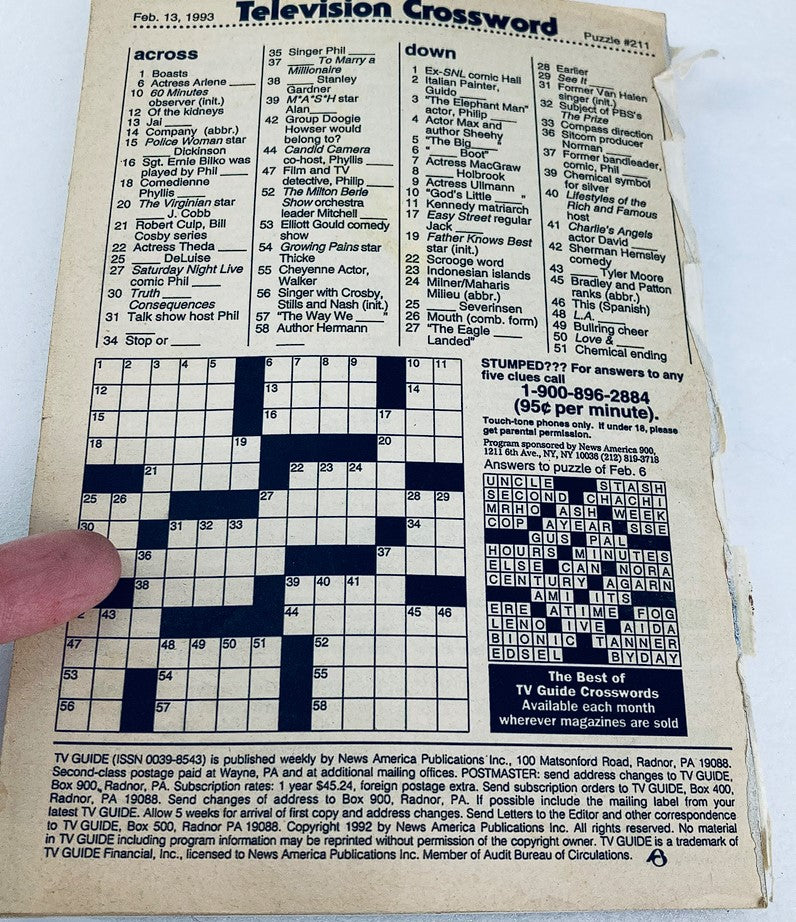 Back cover of TV Guide Magazine February 13 1993 displaying a crossword puzzle and additional magazine details.