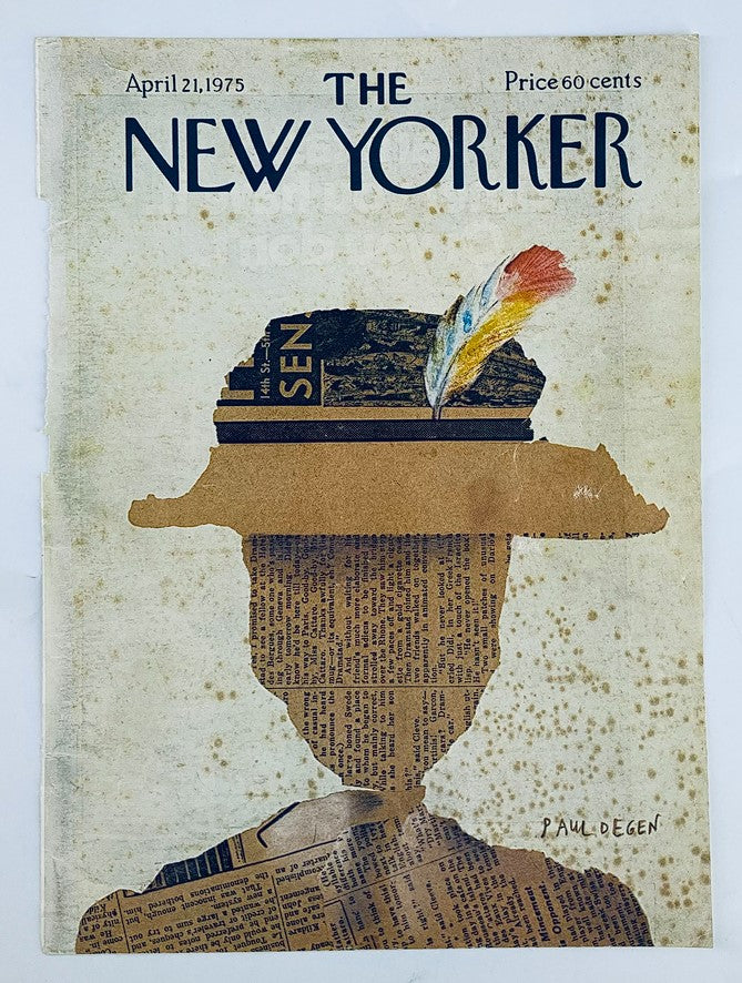 The New Yorker magazine cover dated April 21, 1975, showcasing 'Priscilla, Princess of Power' by P. Degen, displaying a creative collage of a hat and feather against a background of newspaper.