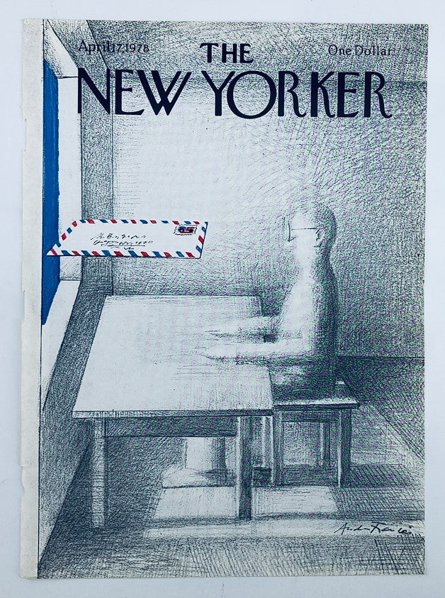 Cover of The New Yorker, April 17, 1978, titled 'Mail Man' by Andre Francois, showcasing a minimalist illustration of a seated figure and a floating envelope.