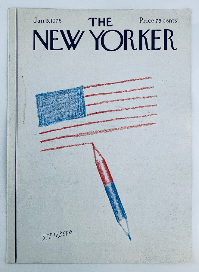 COVER ONLY The New Yorker January 5 1976 by Saul Steinberg, showcasing a creative blue and red flag design with a pencil illustration.