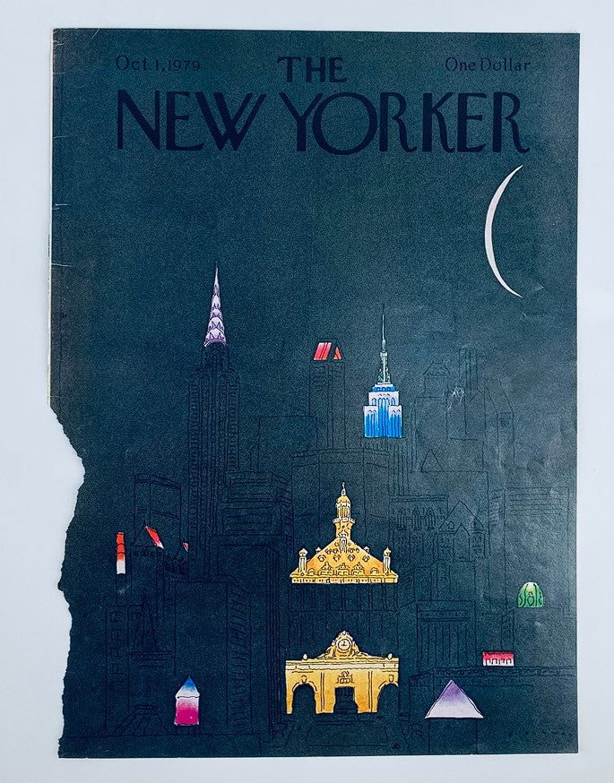 The New Yorker magazine cover from October 1, 1979, illustrating notable New York City buildings with artistic flair, emphasizing nostalgia and the rich cultural history of New York.