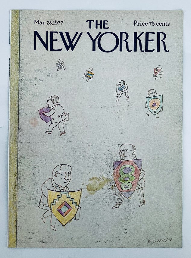 Cover Only The New Yorker March 28 1977 titled 'Shielded' by Douglas Florian, depicting whimsical characters with shields in various colors, showcasing 1970s artistic style.