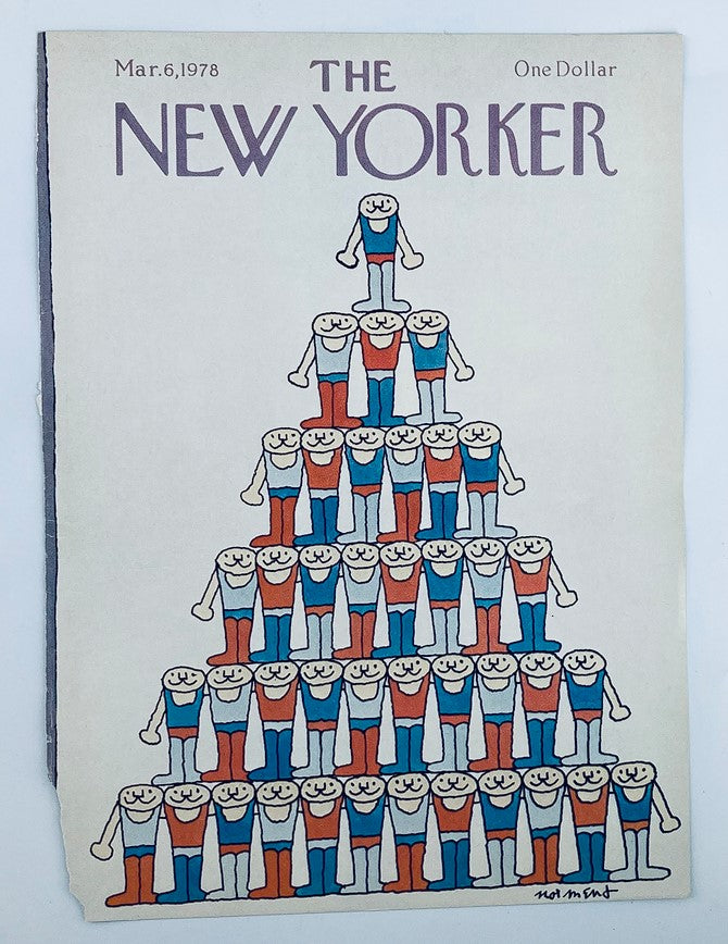 The New Yorker March 6 1978 cover titled 'Teamwork' by John Norment showcasing a vibrant illustration with characters stacked in a pyramid shape.