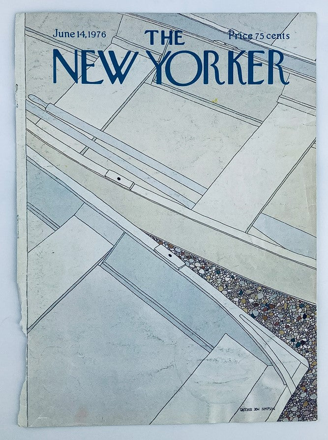 Front view of The New Yorker June 14, 1976 cover, highlighting the artistic representation of boats, designed by Gretchen Dow Simpson, with visible wear indicating its vintage status.