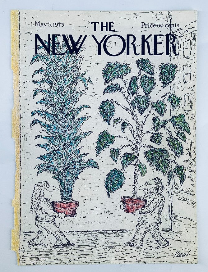 Cover only of The New Yorker from May 5, 1975, showcasing the humorous illustration Plant Dudes by Edward Koren, with characters standing beside oversized leafy plants in pots.