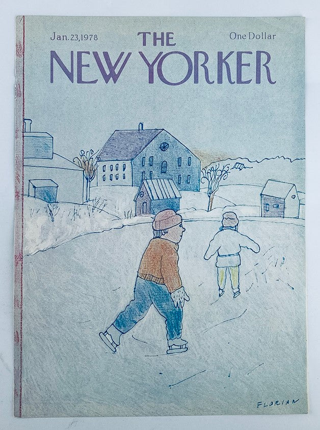 The New Yorker cover dated January 23, 1978, showcasing Douglas Florian's artwork 'Play in the Snow', highlighting kids skating and enjoying the winter scenery.
