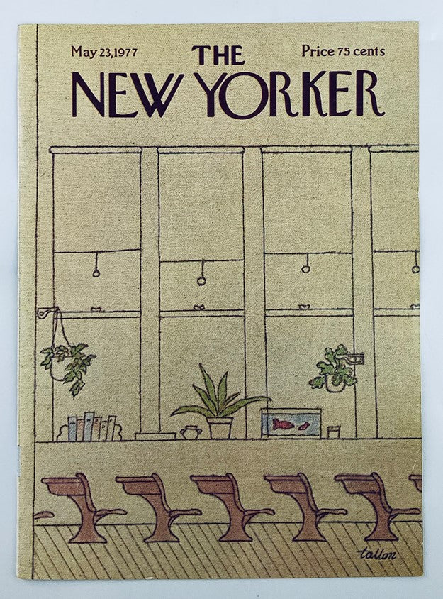 Cover of The New Yorker May 23, 1977 titled 'Emptiness' by Robert Tallon displaying a quiet waiting room with hanging plants and simple furnishings.