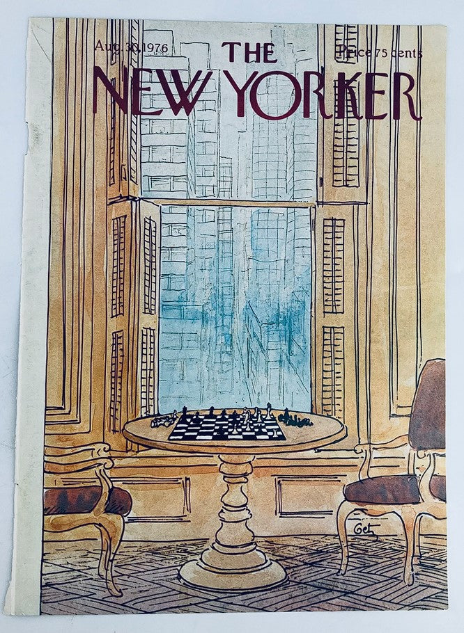 Cover of The New Yorker magazine from August 30, 1976, titled 'Checkmate' by Arthur Getz, featuring an illustration of a chessboard and an elegant interior scene.