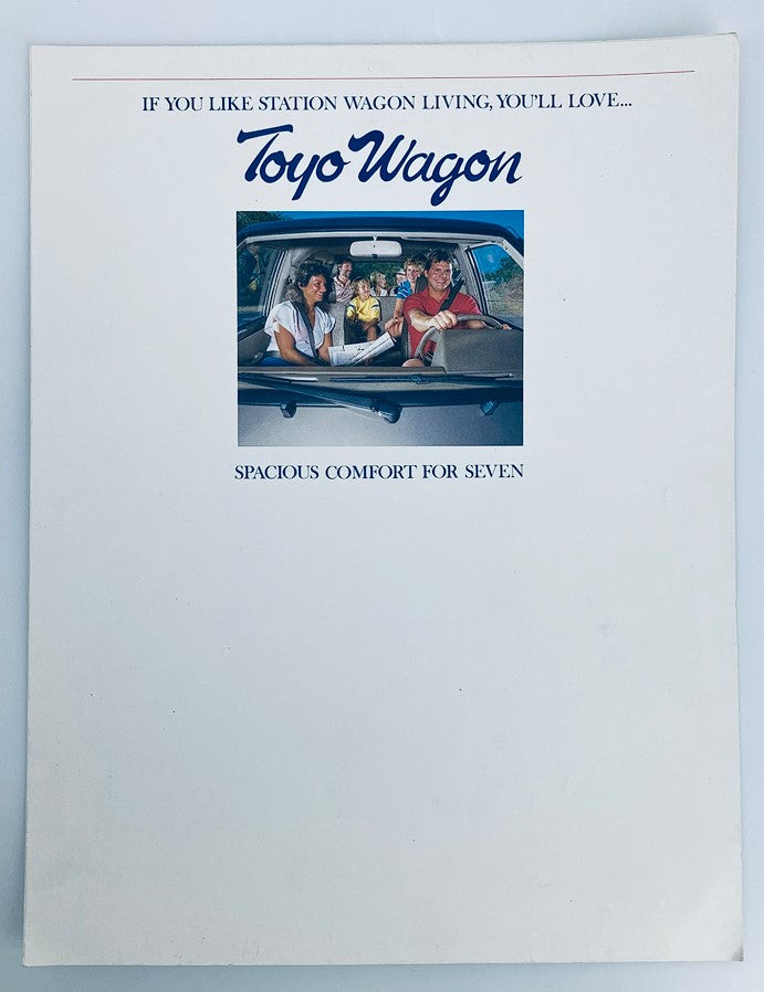 Cover of the 80s 90s Toyo Wagon Dealer Showroom Sales Brochure Guide Catalog featuring a family enjoying a spacious interior and showcasing the comfort of the Toyo Wagon.