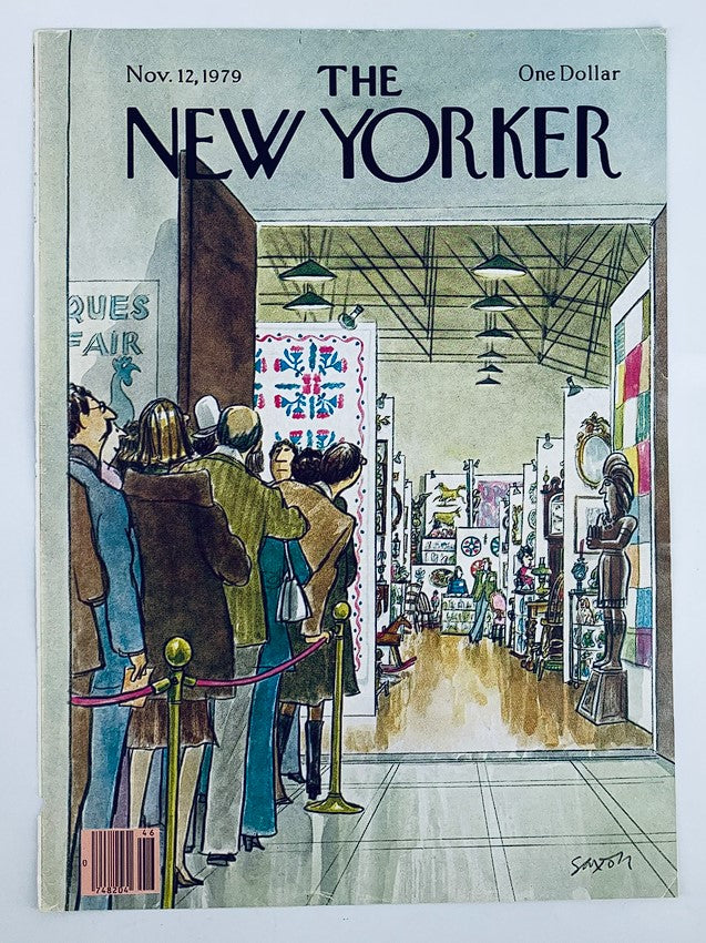 COVER ONLY The New Yorker November 12 1979 showcasing an art show designed by Charles Saxon, illustrating attendees in line at an exhibition filled with colorful art and antiques.