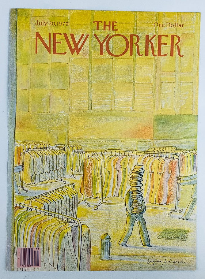Cover of The New Yorker dated July 30, 1979 featuring 'Handfull of Hats' by Eugene Mihaesco, illustrating a vibrant marketplace with a character holding a precarious pile of hats amidst clothing displays.