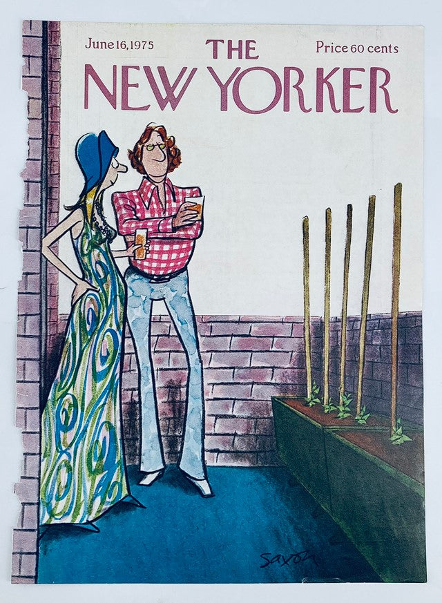 Cover of The New Yorker magazine, June 16, 1975, showcasing an illustration of a man and woman engaged in a light conversation, with the man holding a drink and dressed in a checkered top and the woman in a colorful dress, surrounded by a garden setting.