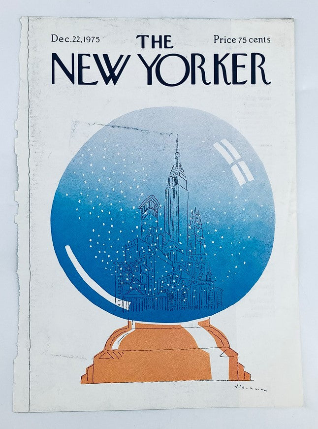 COVER ONLY The New Yorker December 22 1975 Snowglobe by RO Blechman. This vintage cover displays an artistic snow globe illustration, featuring a detailed winter scene and iconic skyscrapers, capturing 1970s aesthetics.
