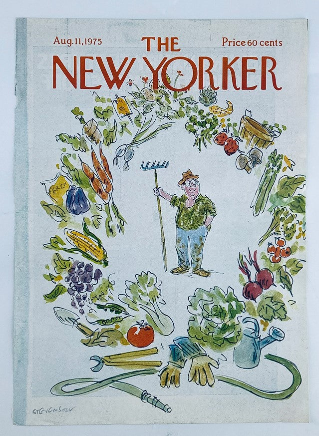 Cover only of The New Yorker dated August 11, 1975, featuring whimsical illustration of organic produce by James Stevenson, showcasing a man surrounded by various vegetables and gardening tools.