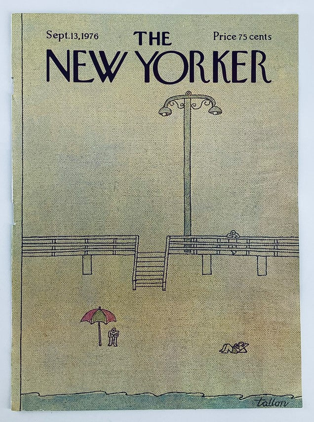 Cover of The New Yorker September 13, 1976 illustrating 'Off Shore' by Robert Tallon, depicting a tranquil beach scene with steps leading to the water and beachgoers.