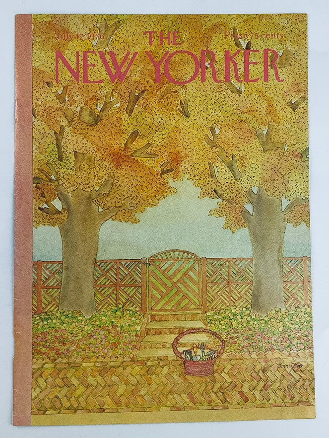 Cover of The New Yorker from July 12, 1976, featuring 'Autumn Basket' by Jenni Oliver, showcasing vibrant autumn trees, a decorative fence, and a basket in a serene outdoor setting.