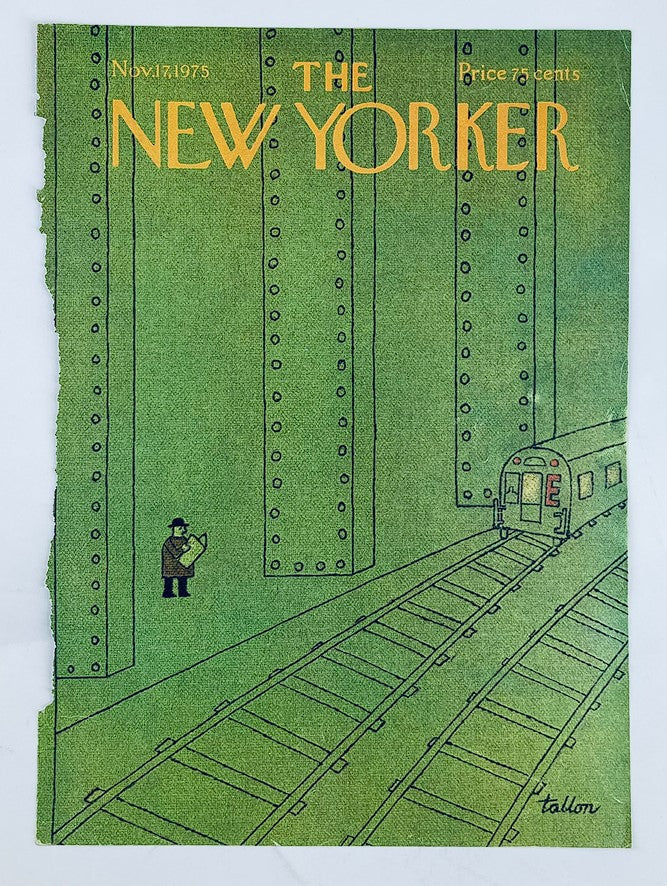 COVER ONLY The New Yorker November 17 1975 by Robert Tallon, depicting a vintage train station scene with a character holding blueprints, emphasizing unique design and nostalgic colors.