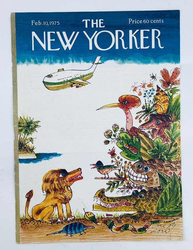 COVER ONLY The New Yorker February 10 1975 King of Jungle by Joseph Low, showcasing a vibrant and whimsical artwork with a lion, a crocodile, and an array of plants and animals, representing the blend of art and storytelling.