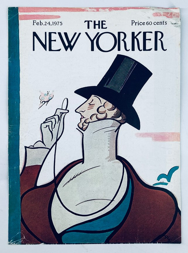 Cover of The New Yorker dated February 24, 1975, featuring the illustration 'Mr. Tilley' by Rea Irvin. The artwork depicts a sophisticated gentleman in a top hat, showcasing classic magazine design elements.