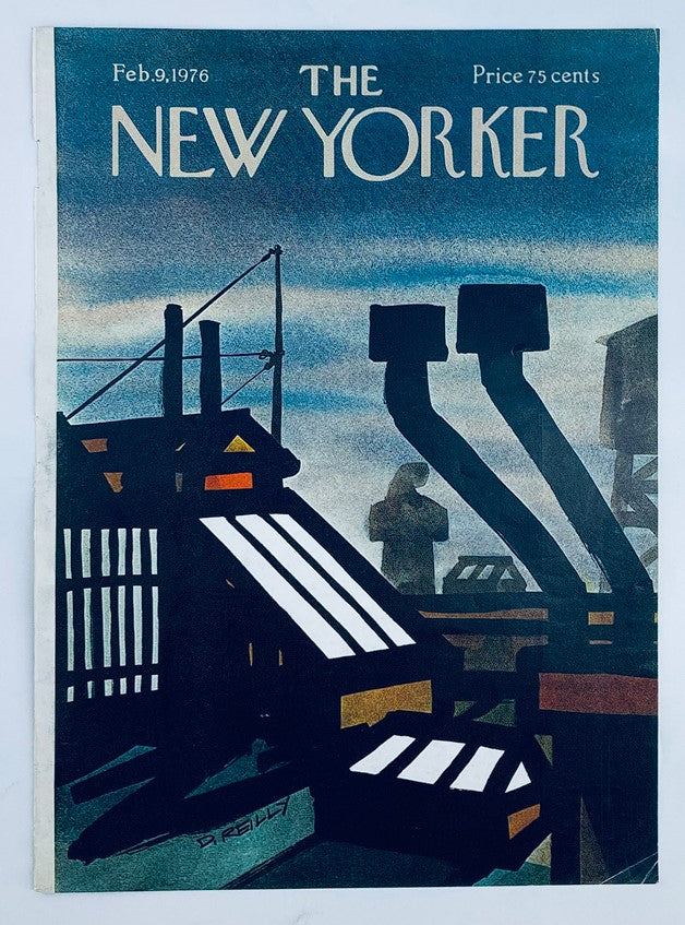 Cover of The New Yorker from February 9, 1976, featuring the artwork 'Shadows' by Donald Reilly, showcasing an artistic scene with various structures and a figure in a reflective pose.