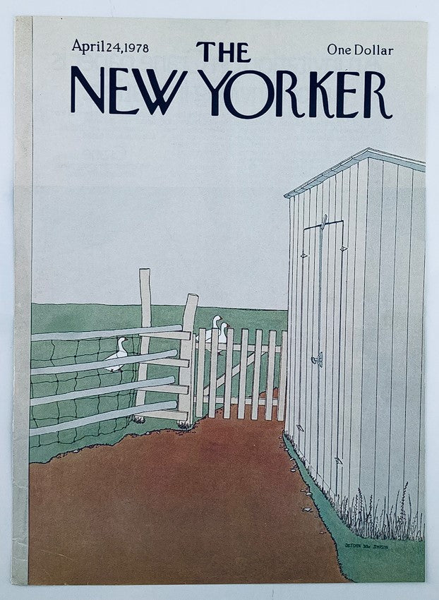 Cover of The New Yorker from April 24, 1978, depicting a minimalist rural landscape with a fence and shed, designed by Gretchen Dow Simpson, entitled 'Farm Friends'.