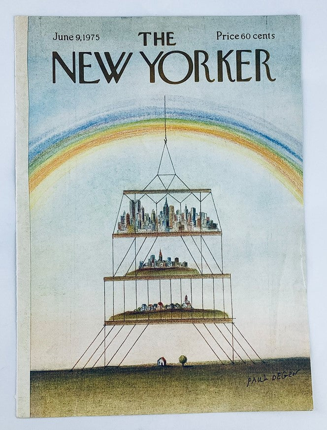Cover of The New Yorker from June 9, 1975, showcasing Paul Degen's artistic design titled The Dependencies, depicting a unique arrangement of cityscapes beneath a vibrant rainbow.